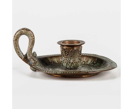 A THOMAS WEEKS BRONZE CHAMBERSTICK, CIRCA 1800 with twin-headed serpent handle, inscribed to underside "Weeks / Tichborne St"