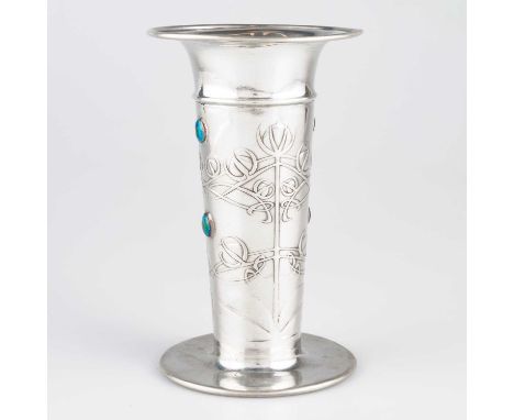 ARCHIBALD KNOX (1864-1933) FOR LIBERTY &amp; CO, A TUDRIC PEWTER AND ENAMEL VASE trumpet-shaped, crisply chased with stylised