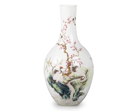 A CHINESE 'CRANES' VASE thinly potted with undercut foot, enamel painted with cranes, amidst rockwork and prunus trees, bears