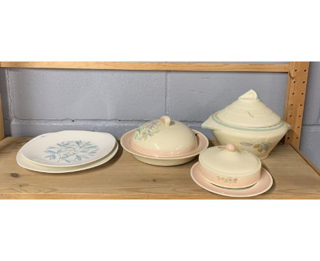 Three Susie Cooper table items and two Midwinter.