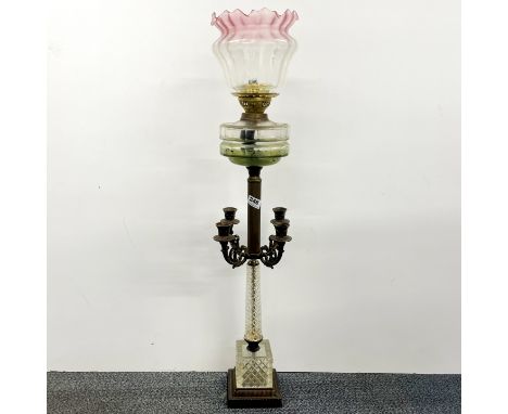 A superb early 19thC cut crystal and gilt brass oil lamp and shade, H. 92cm.
