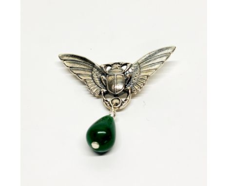 A sterling silver and jade scarab brooch, L. 4cm.