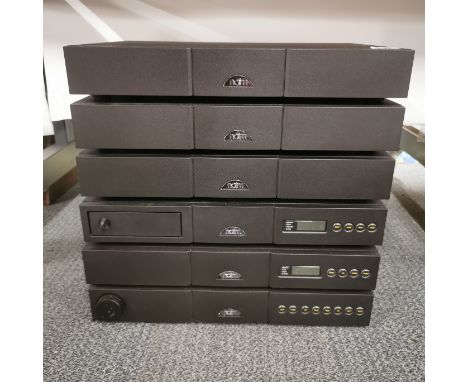 A Naim audio bi-amp system including 2 NAP 150 amps, a FLATCAP 2 power supply, a NAC 112 pre amp, NAT 05 tuner and a NA CD 5 