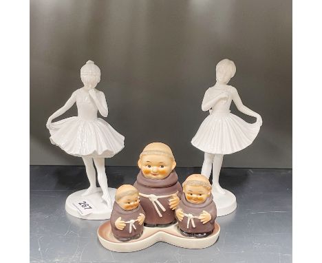 A pair of Coalport figures of dancers with a Goebel cruet.