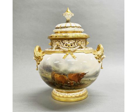 A fine hand painted Royal Worcester potpourri and cover signed by J.Stanton featuring highland cattle, H. 34cm.