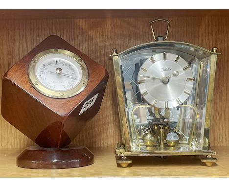 A vintage brass clock, H. 19cm, with a Kelvin Hughes cube clock, barometer and thermometer.