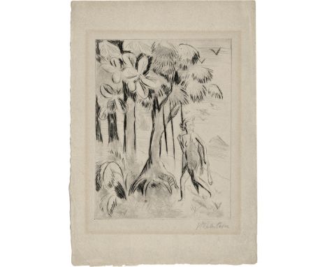 Pechstein, Hermann Max -- Yali V (Das Mädchen auf der Flucht)Kaltnadel mit Roulette auf Velin. 1923.23,7 x 17,9 cm (35,1 x 24