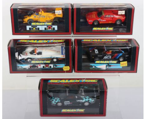Five boxed Scalextric slot cars, C391 Ferrari GTO, C434 Lotus Honda Turbo, C464 BMW M3, C483 Jaguar XJ220C Endurance, mint co