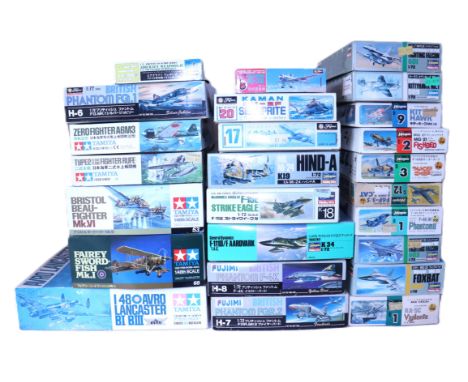 Collection of twenty-five Japanese plastic model Aircraft kits, five Tamiya 1:48 scale planes, Avro Lancaster Bomber, Fairy S