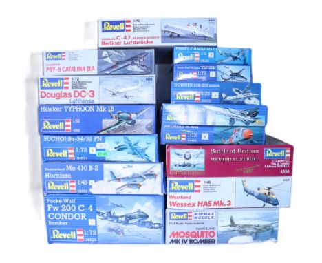 Fifteen Revell 1:72 scale plastic model Aircraft kits, including Focke Wulf Condor Bomber, Messerschmitt, Hawker Typhoon, Suc