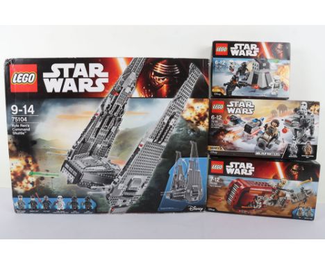 Four Retired Lego Star Wars sets  sealed boxed. Including Kylo Ren’s Command Shuttle 75104 First Order Battle Pack 75132, Rey