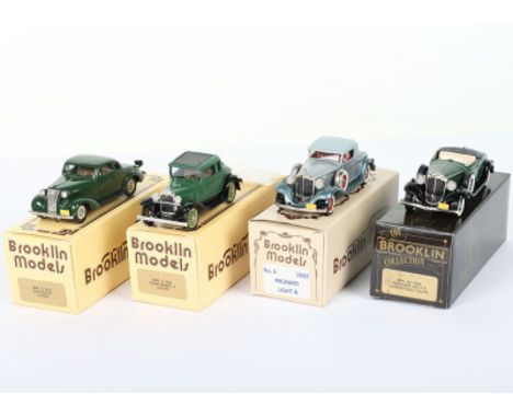Four Brooklin Models 1/43 scale model, BRK 4 1937 Chevrolet Coupe green, BRK 5 1930 Ford Model A  Coupe green, No.6 1932 Pack