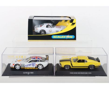 Three boxed Scalextric slot cars, C2525 Chevrolet Corvette L88 plain white, C2590 Synergy TVR 400, C2574 Ford Boss 302 Mustan