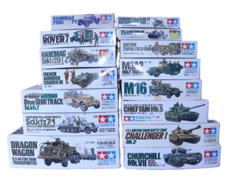 Collection of Tamiya 1:35 scale plastic model Army Vehicle and Tank kits, Dragon Wagon U.S 40 ton Tank Transporter, two Germa