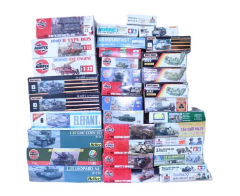Collection of thirty various Army Tanks, Trucks and other plastic model vehicle kits, including 1:35 scale Heller Leopard tan