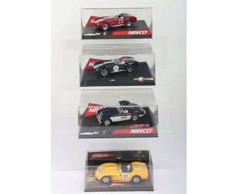 Four boxed Ninco 1:32 scale slot cars, 50151 Ferrari 250 ‘Testa Rossa’ 1957 Amarillo, 50196 Cobra Goodwood 64, 50207 AC Cobra