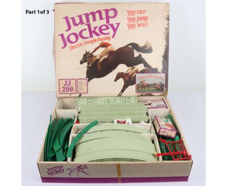 Two Scalextric racing sets and Tri-ang Jump Jockey, C.653 Grand Prix set with Sally and Avon GP cars, contents good condition