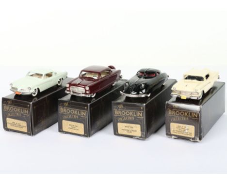 Four Brooklin Models 1/43 scale model, BRK 32 1953 Studebaker Commander Starliner Coupe light green, BRK 33 1938 Phantom Cors