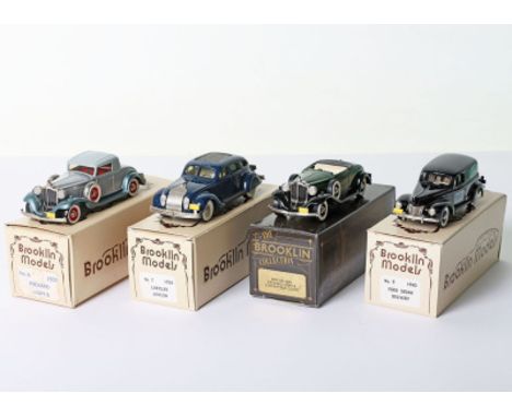 Four Brooklin Models 1/43 scale model, No.6 1932 Packard Light 8 silver, No.7 1934 Chrysler Airflow dark blue, BRK 6A 1932 Pa