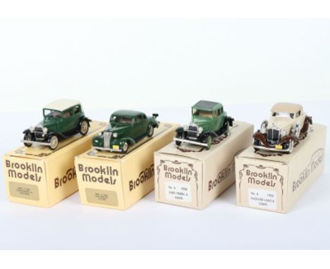 Four Brooklin Models 1/43 scale model, BRK 3 1930 Ford Model A Victoria green, BRK 4 1937 Chevrolet Coupe green, No.5 Ford Mo