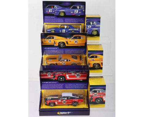 Three boxed Scalextric Sport slot cars, C2400A Chevrolet Camaro No.9, C2402A Ford Boss 302 Mustang No.16 and C2436A Ford Boss