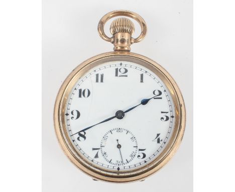 An open face pocket watch. Circular white dial with numerical markings. Mechanical movement 15 jewels. Gold plated Dennison w