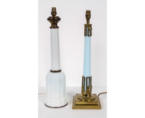 A gilt metal and milk glass lamp base, of faceted mallet form, 57cm high, and another of tapering form with swag and flower h