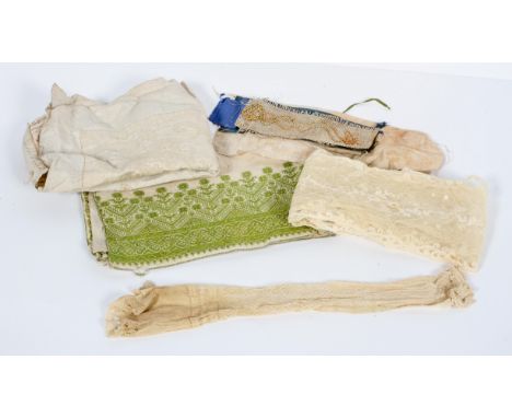 A collection of Victorian embroideries and other items, comprising : a 19th century wedding dress sash with corresponding man