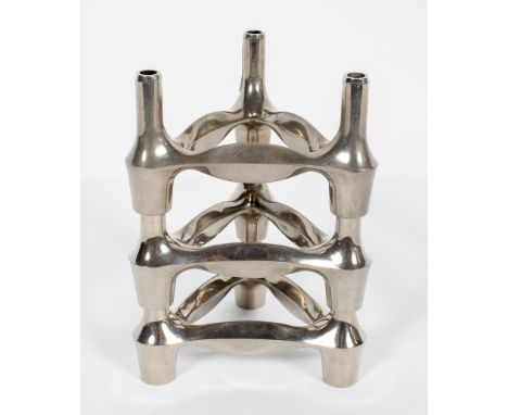 A set of three white metal candle holders by Fritz Nagel, and Caeser Stoff for BMF, mid century, each three light candle hold
