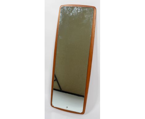 A 1960's- 70's dressing mirror, of rectangular form, mounted on cushion shaped teak mount, suspended for hanging, 96cm high x