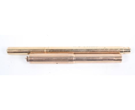 A Mabie Todd &amp; Co 'Swan' fountain pen, the case stamped 9kt, with suspension ring, 10cm long; and another 'Swan' pen stam