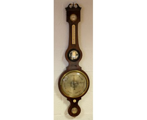 An early 19th century banjo barometer, by I Soldini, Wincanton, with 24cm silvered circular dial, mirror, thermometer and dry