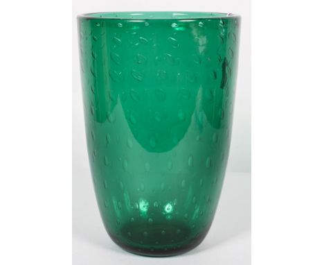 A Whitefriars 'controlled bubble' lawn green tinted large glass vase, of tapering cylindrical form, 29cm high