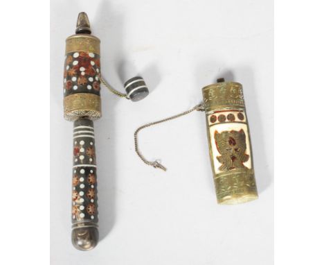 A East African horn, brass and white metal prayer wheel, 21.5cm high, and a similar horn and brass flask, 11cm high