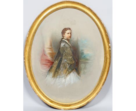 A Victorian watercolour and gouache portrait of a lady standing before balustrading, looking at parkland, within an oval gilt