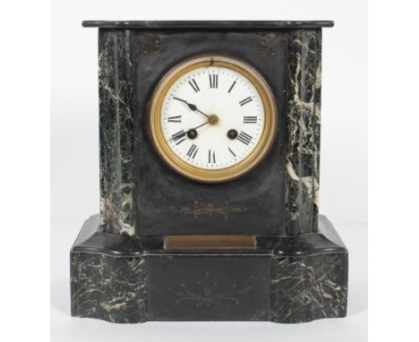 A Victorian black slate and marble mantle clock, applied with a brass presentation plaque, 'Presented to Mrs G Cook/Matron/by