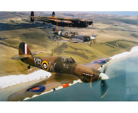 A framed print, Battle of Britain Memorial Flight over Beachy Head, signed by the Veterans of Bomber &amp; Fighter Command, 6