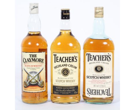 Whisky : The Clayesmore, Scotch Whisky, 1 litre, one bottle; teachers highland Cream, 1.13 litres and 1 litre, two bottles (3