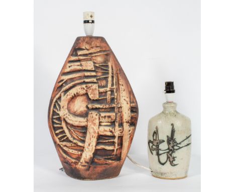A Tremaen Pottery stoneware lamp base with stylised relief decoration, 42cm high, and another Studio pottery lamp base, 23cm 