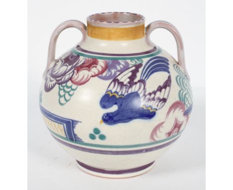 A Carter Stabler Adams Poole vase, with the 'Blue Bird' pattern painted PN, impressed marks, 17cm high