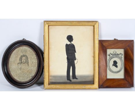 A 19th century silhouette of a schoolboy holding a riding crop, 23cm x 17.5cm, exc frame, an engraving of George, Prince of D