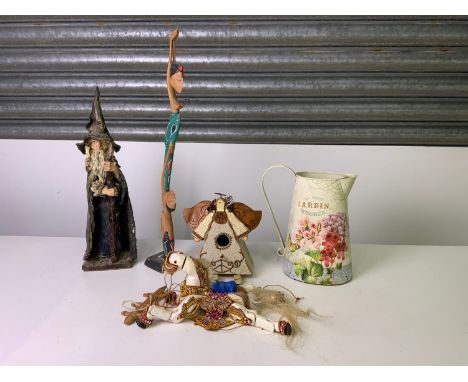 Decorative Wooden Bird Box, Garden Jug and Puppet etc 