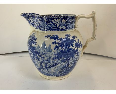 Early 19th Century Blue and White Transfer Print Jug Depicting Pulteney Bridge, Bath - 16cm High 