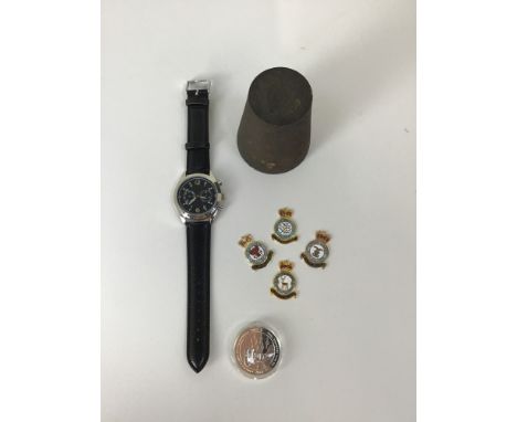 Eaglemoss 1950s British RAF Multi Function Watch, 4x Enamel Squadron Plaques, RAF 75th Anniversary Coin and Original Press Di