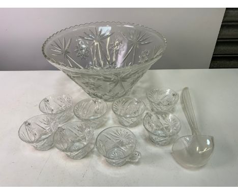 Glass Punch Bowl with Glasses and Ladle 