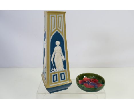 A Villeroy & Boch Mettlach vase of tapered square section, decorated with classical figures, impressed marks to the base and 