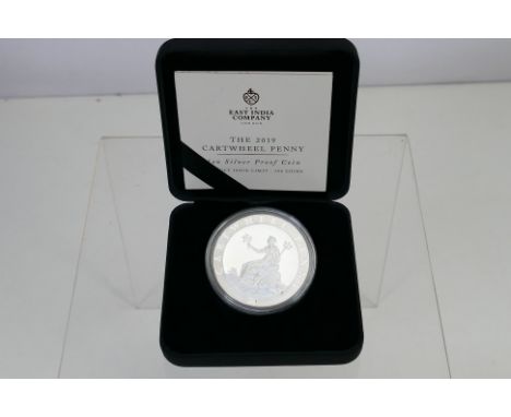 An East India Company limited edition 1oz silver proof coin, The 2019 Cartwheel Penny, issued by St Helena in 999 fineness si