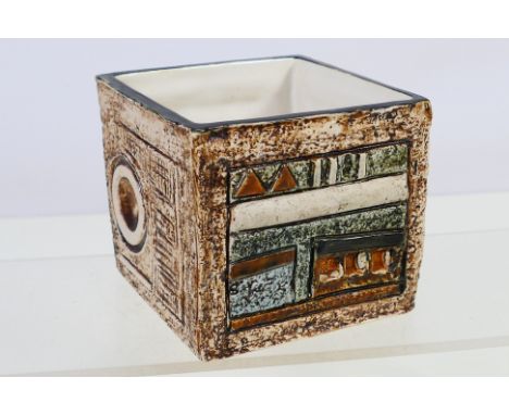 Troika - A Cornish studio pottery Cube vase, decorated by Jane Fitzgerald, painted marks to the base, approximately 8.5 cm x 