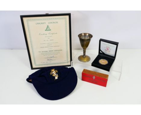 Lot to include a framed National Cricket Association Coaching Certificate, inter regiment cricket cap for Combined REME XI an