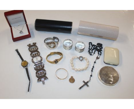 A box containing Jimmy Choo glasses bookcase; various watches; pearl bracelet; Hot Diamonds necklace and heart pendant; a sil